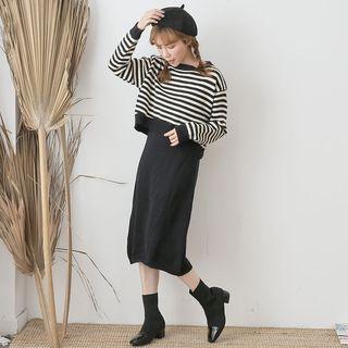 Set: Cropped Striped Sweater + Spaghetti-strap Knit Dress Black - One Size