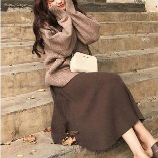 Set: Knit A-line Midi Skirt + Turtleneck Sweater