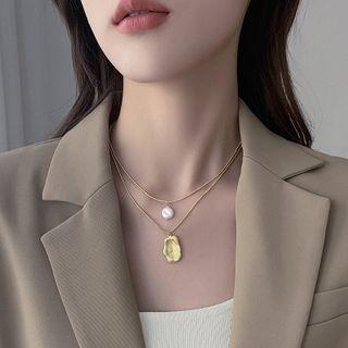 Geometric Layered Necklace Gold & White - One Size