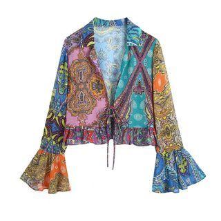 Flared-cuff Ruffled Trim Printed Lace-up Light Jacket