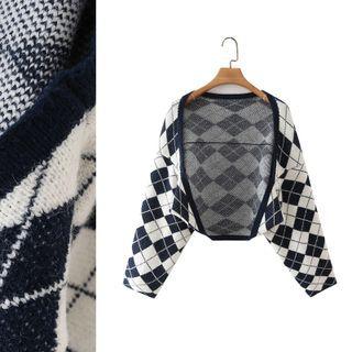 Argyle Open Cardigan 21453 - Navy Blue & White - One Size