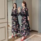 Bell-sleeve Floral Maxi A-line Chiffon Dress