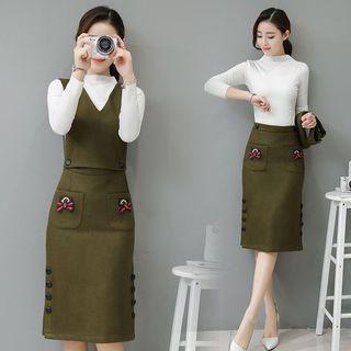 Set : Mock-neck Long-sleeve Top + Vest + Midi Skirt