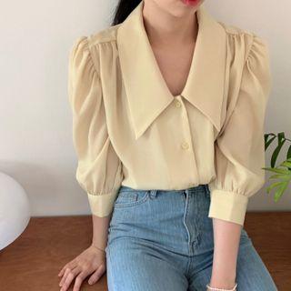 Plain Ruched Puff Short Sleeve Chiffon Shirt