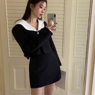 Long-sleeve Collar Top / Mini Pencil Skirt