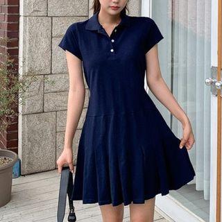 Short-sleeve Polo-neck Mini A-line Dress