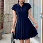Short-sleeve Polo-neck Mini A-line Dress