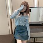 Off-shoulder Cardigan / Lace Halter-neck Top / Plaid Mini Skirt / Set