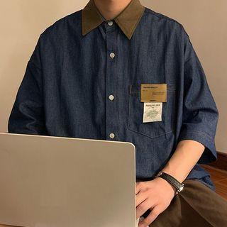 Short-sleeve Contrast Collar Denim Shirt