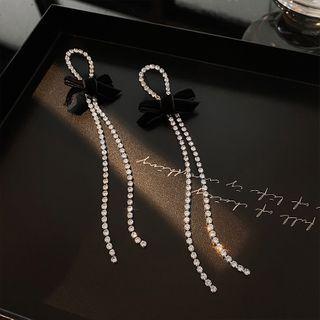 Bow Rhinestone Fringed Drop Earring 1 Pair - Silver Needle - Black Bow & Tassel - Silver - One Size
