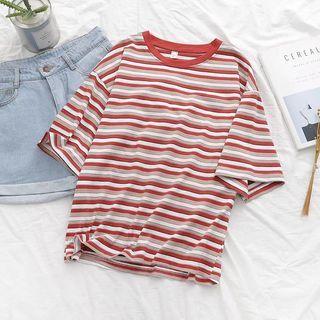 Elbow-sleeve Striped T-shirt Striped - Red - One Size