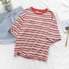Elbow-sleeve Striped T-shirt Striped - Red - One Size