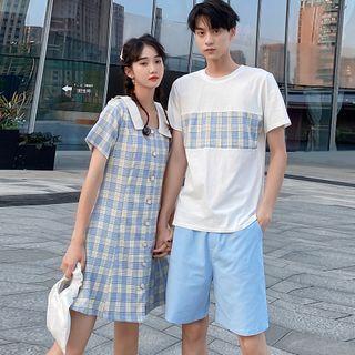 Couple Matching Plaid Panel Short-sleeve T-shirt / Collared Dress / Shorts