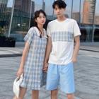 Couple Matching Plaid Panel Short-sleeve T-shirt / Collared Dress / Shorts