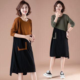 Long-sleeve Midi Color Block A-line Dress