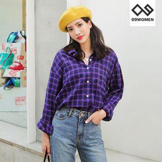 Plus Size Text Print Loose-fit Plaid Shirt