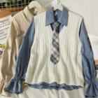 Set: Cable-knit Loose Vest + Bell-sleeve Shirt With Tie