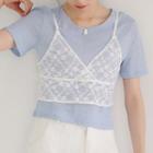Set: Short-sleeve Plain T-shirt + Lace Camisole Top Camisole Top - White - One Size / T-shirt - Blue - One Size