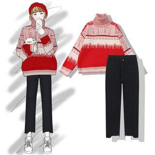 Turtleneck Patterned Sweater / Straight-cut Jeans