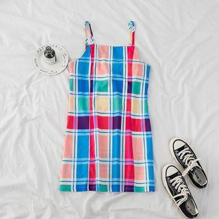 Spaghetti Strap Check Sheath Dress Rainbow - One Size