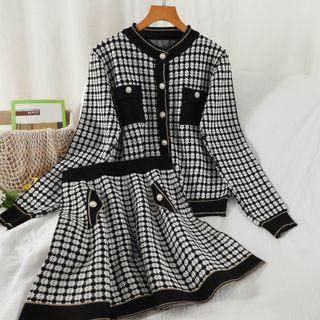 Set: Plaid Cardigan + Mini A-line Skirt Set Of 2 - Cardigan & A-line Skirt - Black - One Size