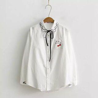 Long-sleeve Tie-neck Cat Applique Blouse
