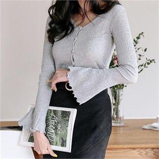 Bell-sleeve Scallop-trim Cardigan