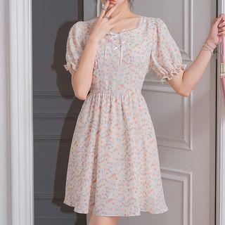 Short-sleeve Floral Printed Square-neck Dress Chiffon A-line Dress Tangerine - One Size