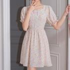 Short-sleeve Floral Printed Square-neck Dress Chiffon A-line Dress Tangerine - One Size