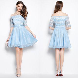 Elbow Sleeve Off-shoulder Lace Panel Cocktail Dress