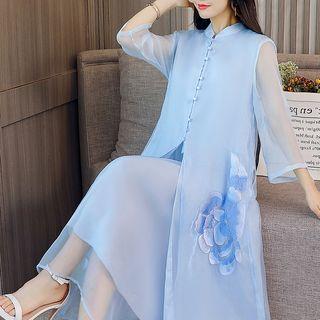 Set: Embroidered Light Long Jacket + Sleeveless Dress