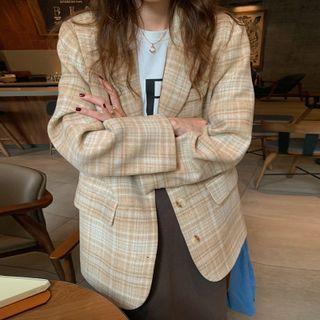 Plaid Single-breasted Blazer Light Coffee - One Size