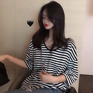 Striped Elbow-sleeve T-shirt Stripes - Black & White - One Size