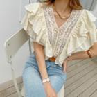 V-neck Lace-trim Ruffle Blouse