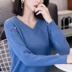 Studded V-neck Knit Pullover