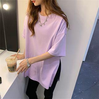 Round-neck Plain Split Hem Short-sleeve Top