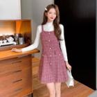 Set: Long-sleeve Knit Top + Tweed Mini Overall Dress