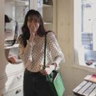 Frill-neck Smocked-cuff Dotted Blouse