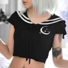 Short-sleeve Collar Moon Embroidered Cropped T-shirt