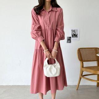 Bishop-sleeve Tiered Shirtwaist Dress With Sash