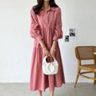 Bishop-sleeve Tiered Shirtwaist Dress With Sash