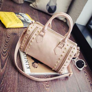 Studded Faux Leather Boston Bag