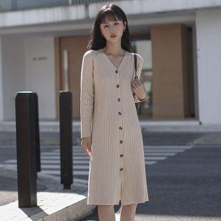 Long-sleeve V-neck Button-up Knit Midi Dress