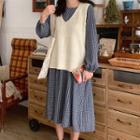 V-neck Vest / Long-sleeve Midi Plaid A-line Dress