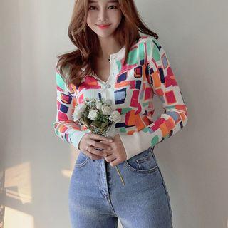 Long-sleeve Buttoned Patterned Knit Top As Shown In Figure - One Size