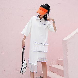3/4-sleeve Asymmetric Hem Midi Polo Dress