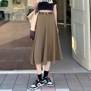 Set: Faux Leather Belt + High Waist Midi A-line Skirt