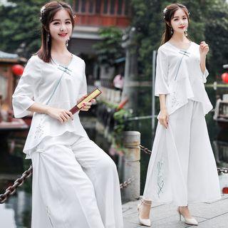 Traditional Chinese Set: 3/4-sleeve Top + Wide-leg Pants