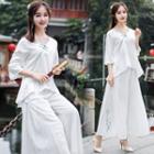 Traditional Chinese Set: 3/4-sleeve Top + Wide-leg Pants