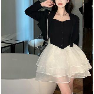 Plain Blazer / Spaghetti Strap Two-tone Mini A-line Dress